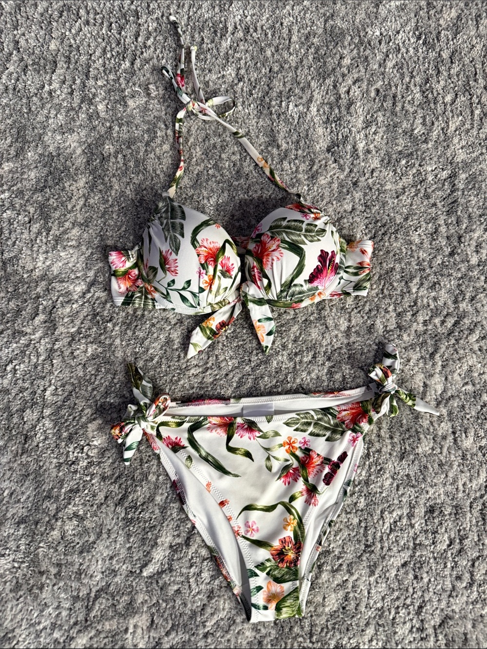 H&M White Floral Tie-Side Bikini with Pink & Green Print